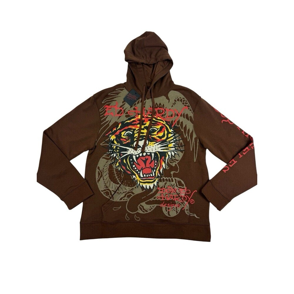 Ed Hardy Tiger Roar Graphic Hoodie Cocoa Brown Y2K Tattoo Streetwear Men’s M NWT